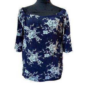 Elegant Navy Floral Off-Shoulder Blouse‎